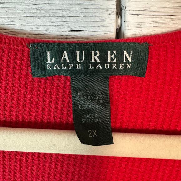 Lauren, Ralph Lauren womens Henley waffle knit T-shirt long sleeve red plus Sz ￼ - Picture 4 of 8